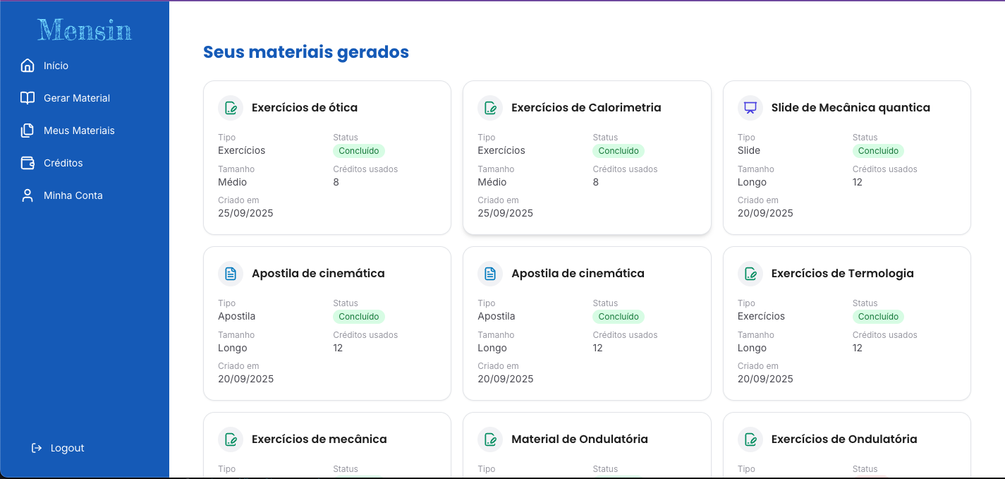 Interface do Mensin mostrando materiais didáticos gerados